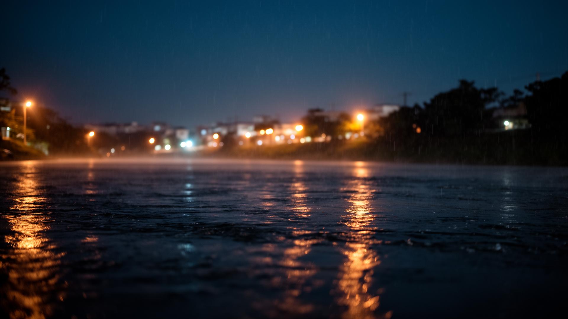 Río Grijalva al anochecer con luces cálidas reflejadas en el agua